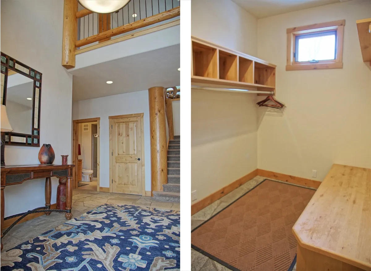 The mudroom features a decorative mirror and wooden console table, with textured area rug, log pillars, and shelves for storing outdoor gear. Natural light and functional design create a seamless transition from outside adventures to the comfort of home.